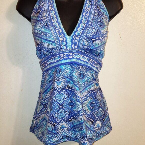 Liz Claiborne Tankini Top Swimsuit Blue Tribal Pattern 2X - Picture 2 of 8
